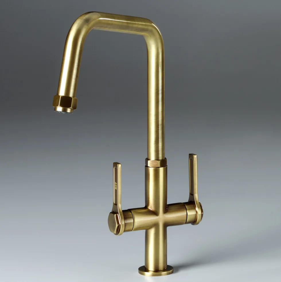 Abode Hex Industrial Twin Lever Mono Kitchen Mixer Tap - Antique Brass