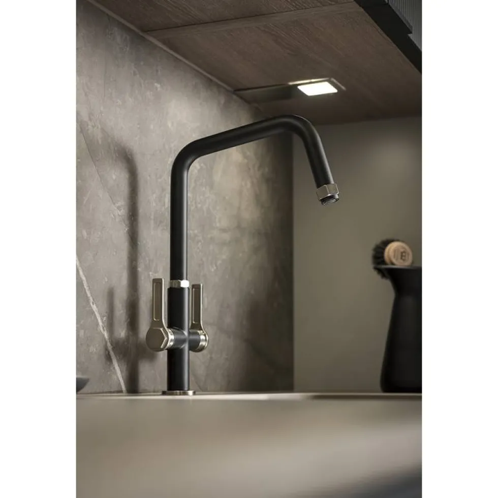 Abode Hex Industrial Twin Lever Mono Kitchen Mixer Tap - Matt Black
