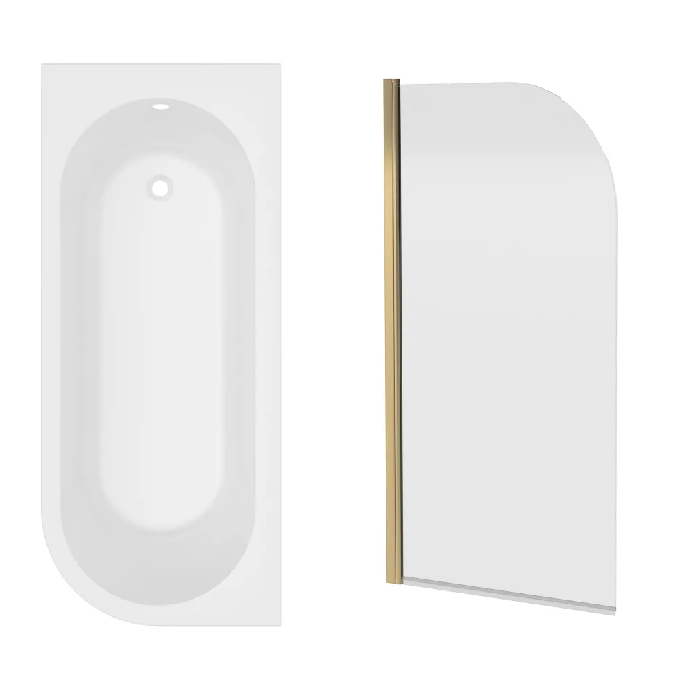 Armourcast Reinforced J Shaped Shower Bath with Panel & Brushed Brass Shower Screen - 1700mm