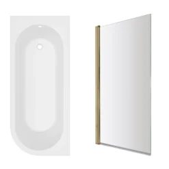 Armourcast Reinforced J Shaped Shower Bath with Panel & Brushed Brass Shower Screen - 1700mm