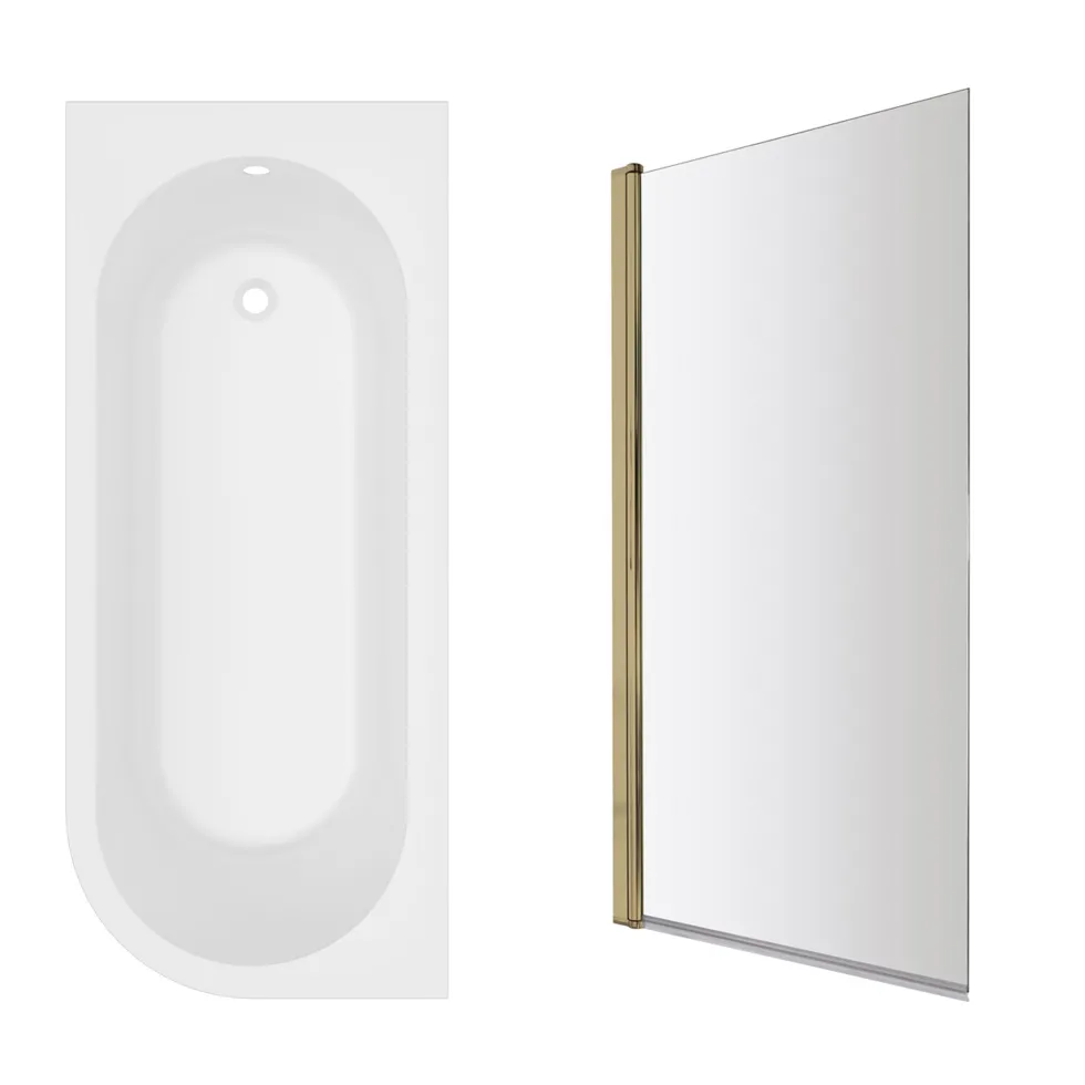 Armourcast Reinforced J Shaped Shower Bath with Panel & Brushed Brass Shower Screen - 1700mm
