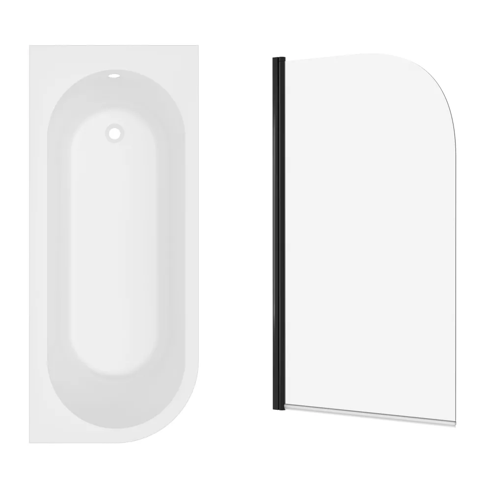 Armourcast Reinforced J Shaped Shower Bath with Panel & Matt Black Shower Screen - 1700mm
