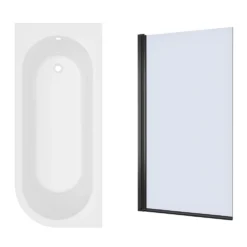 Armourcast Reinforced J Shaped Shower Bath with Panel & Matt Black Shower Screen - 1700mm