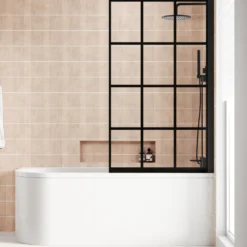 Armourcast Reinforced J Shaped Shower Bath with Panel & Matt Black Shower Screen - 1700mm