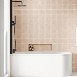 Armourcast Reinforced J Shaped Shower Bath with Panel & Matt Black Shower Screen - 1700mm
