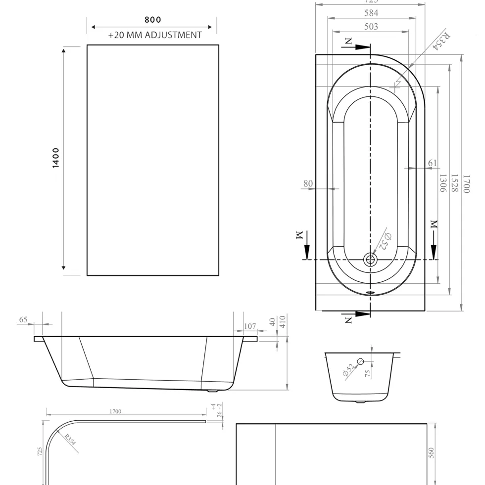 Armourcast Reinforced J Shaped Shower Bath with Panel & Shower Screen - 1700mm