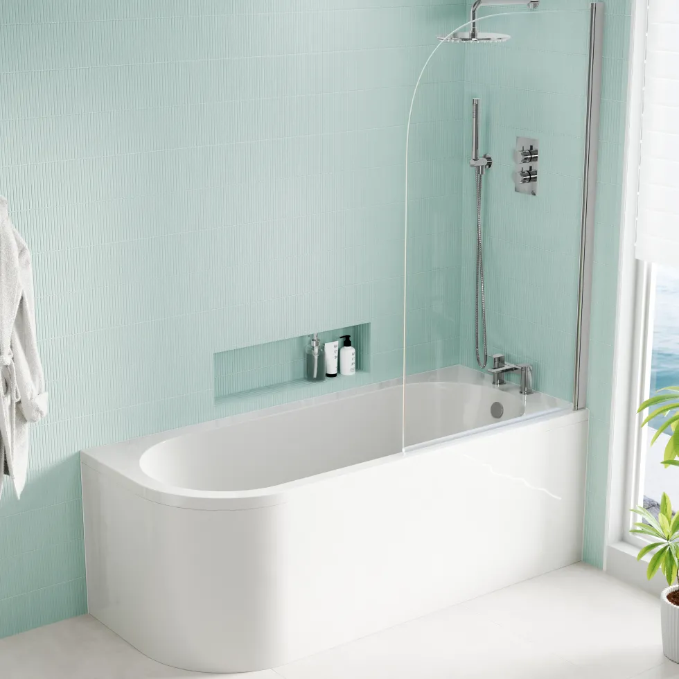 Armourcast Reinforced J Shaped Shower Bath with Panel & Shower Screen - 1700mm