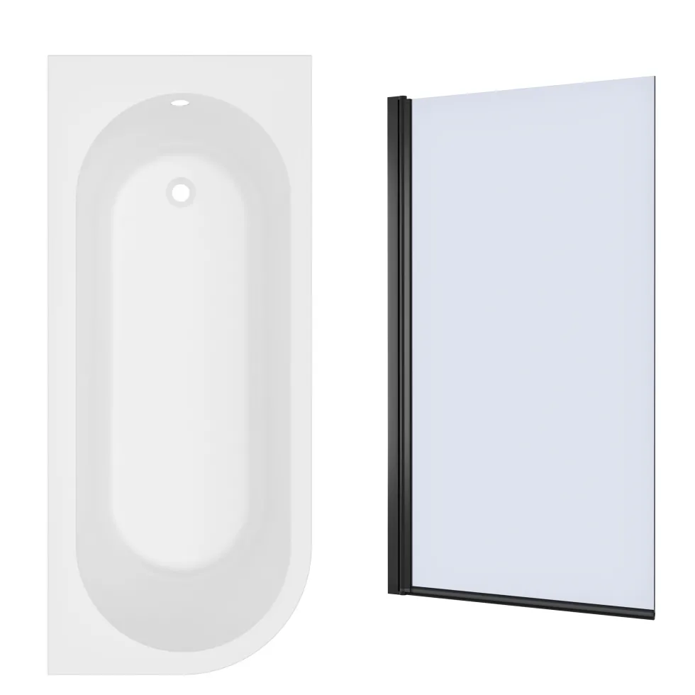 Armourcast Reinforced J Shaped Shower Bath with Panel & Shower Screen - 1700mm