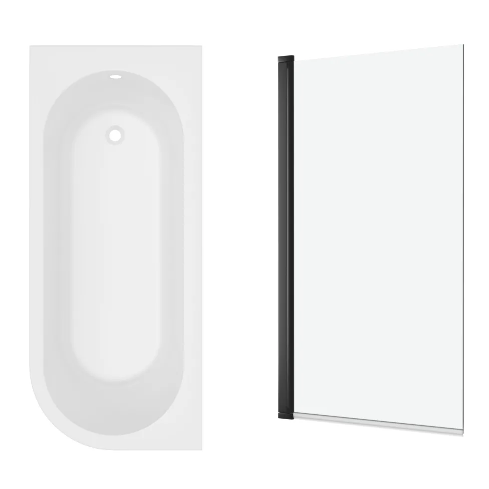 Armourcast Reinforced J Shaped Shower Bath with Panel & Shower Screen - 1700mm