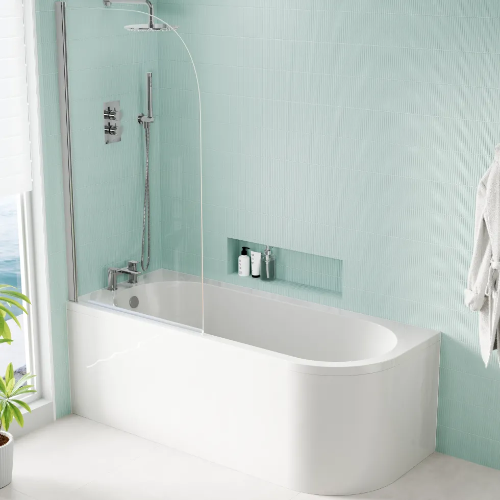 Armourcast Reinforced J Shaped Shower Bath with Panel & Shower Screen - 1700mm