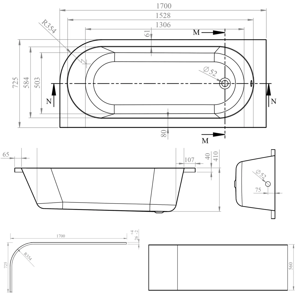 Armourcast Reinforced J-Shaped Single Ended Corner Bath & Panel - 1700mm