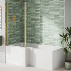 Armourcast Reinforced L Shaped Single Ended Bath with Brushed Brass Shower Screen & Panel - 1700 x 700