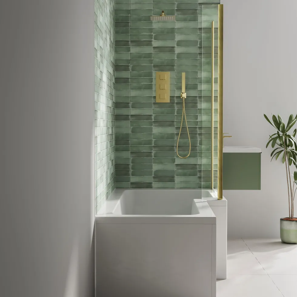 Armourcast Reinforced L Shaped Single Ended Bath with Brushed Brass Shower Screen & Panel - 1700 x 700