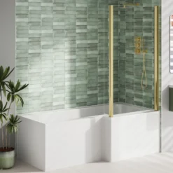 Armourcast Reinforced L Shaped Single Ended Bath with Brushed Brass Shower Screen & Panel - 1700 x 700