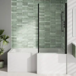 Armourcast Reinforced L Shaped Single Ended Bath with Matt Black Shower Screen & Panel - 1700 x 700