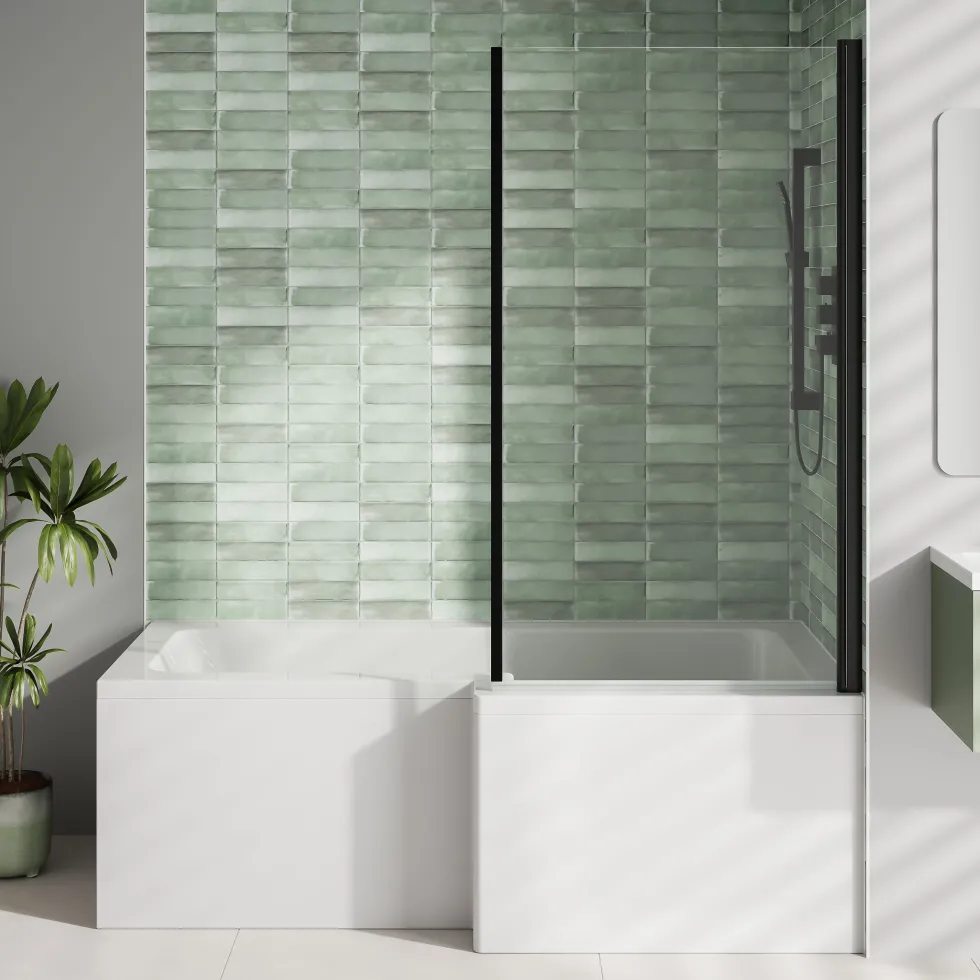 Armourcast Reinforced L Shaped Single Ended Bath with Matt Black Shower Screen & Panel - 1700 x 700