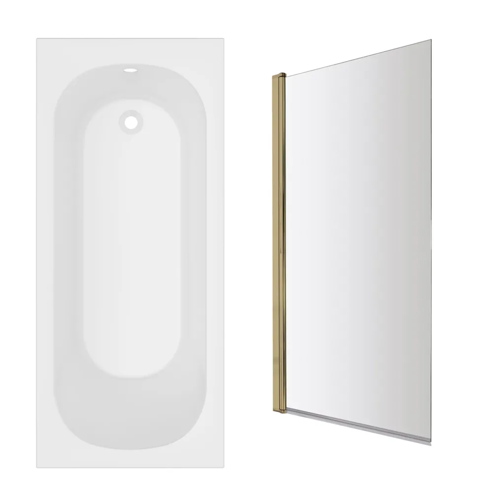 Armourcast Reinforced Single Ended Shower Bath & Brushed Brass Shower Screen