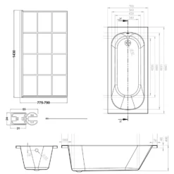 Armourcast Reinforced Single Ended Shower Bath & Matt Black Shower Screen