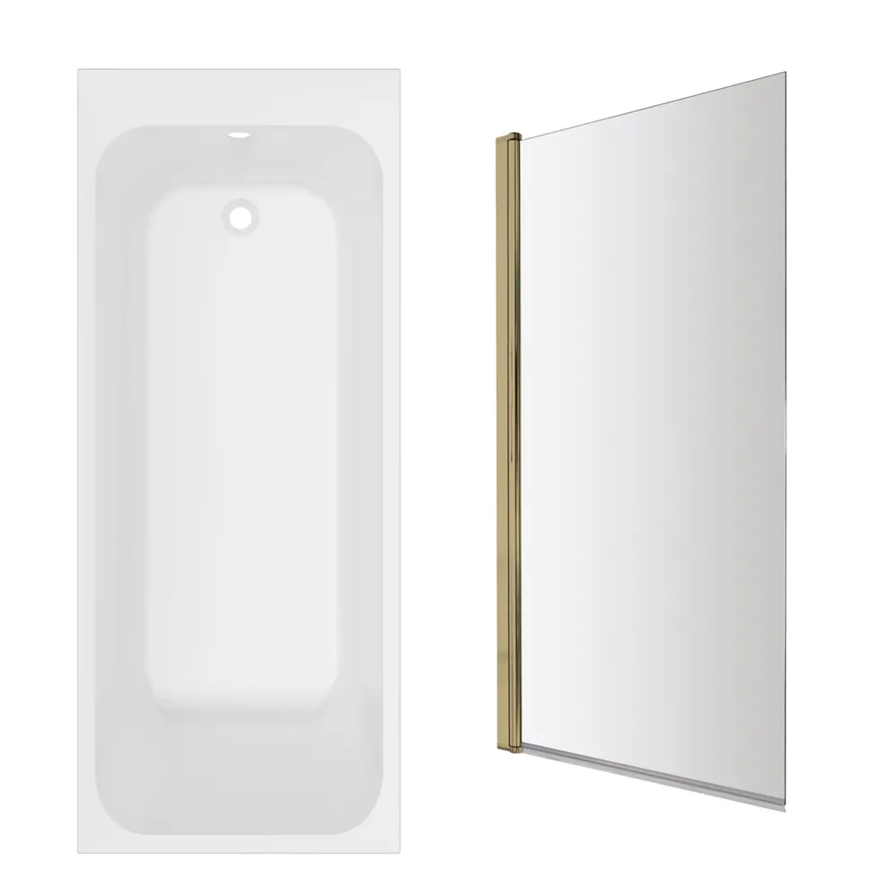Armourcast Reinforced Slim Edge Single Ended Bath & Brushed Brass Shower Screen - 1700mm