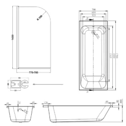 Armourcast Reinforced Slim Edge Single Ended Bath & Brushed Brass Shower Screen - 1700mm