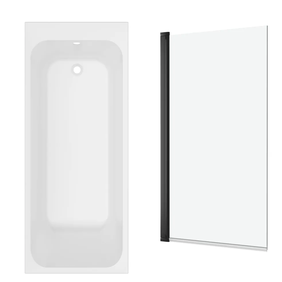 Armourcast Reinforced Slim Edge Single Ended Bath & Matt Black Shower Screen - 1700mm