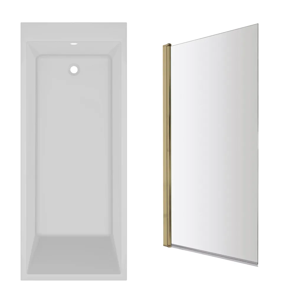Armourcast Reinforced Slim Edge Square Single Ended Bath & Brushed Brass Shower Screen - 1700mm