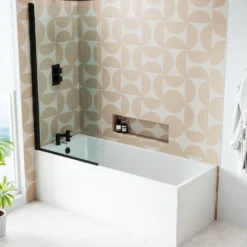 Armourcast Reinforced Slim Edge Square Single Ended Bath & Matt Black Shower Screen - 1700mm