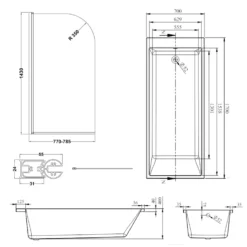 Armourcast Reinforced Slim Edge Square Single Ended Bath with Shower Screen - 1700mm