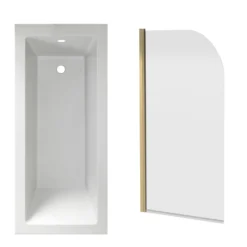 Armourcast Reinforced Straight Square Single Ended Bath & Brushed Brass Shower Screen