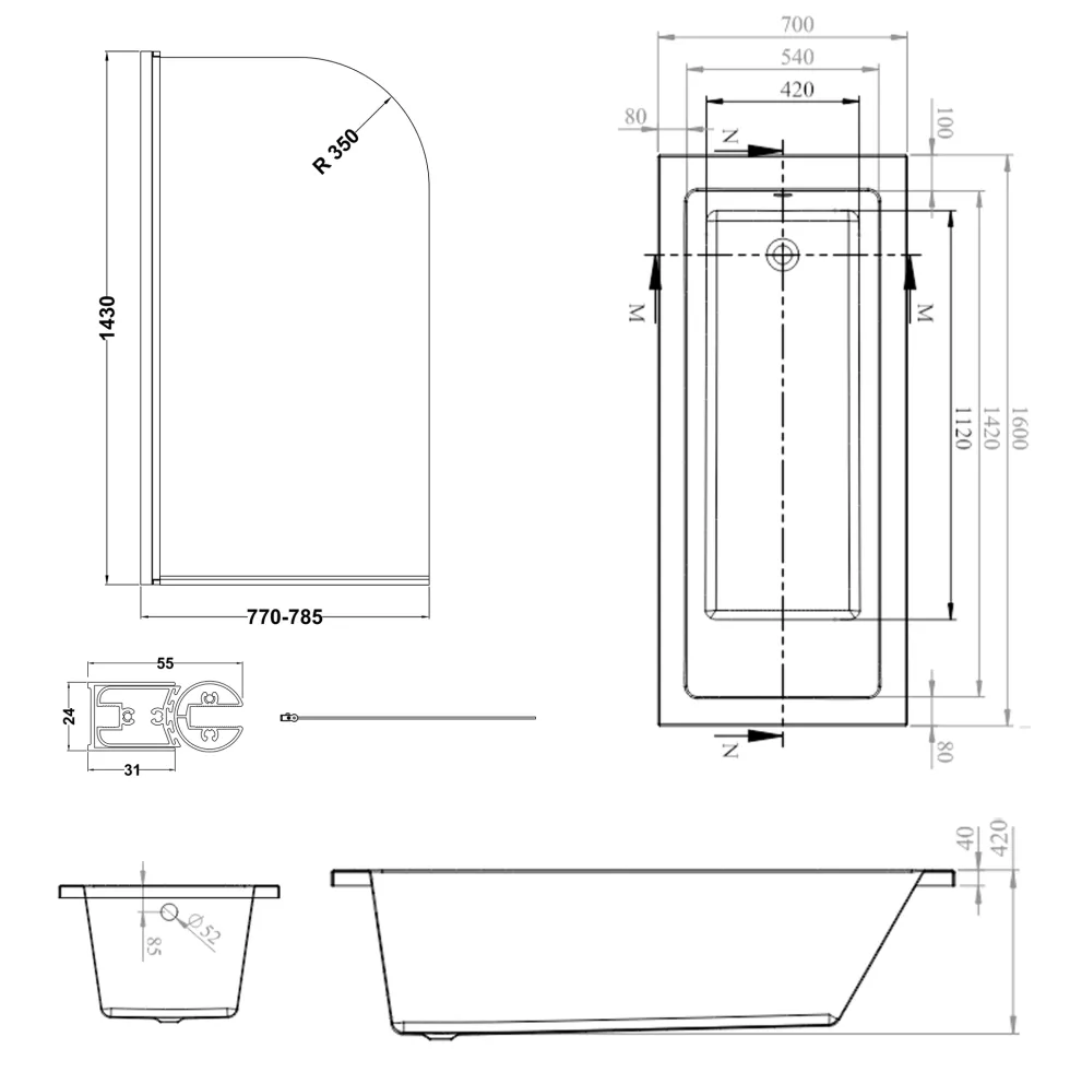 Armourcast Reinforced Straight Square Single Ended Bath & Brushed Brass Shower Screen
