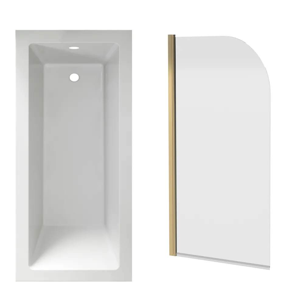 Armourcast Reinforced Straight Square Single Ended Bath & Brushed Brass Shower Screen