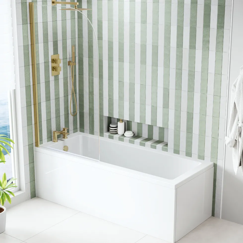 Armourcast Reinforced Straight Square Single Ended Bath & Brushed Brass Shower Screen