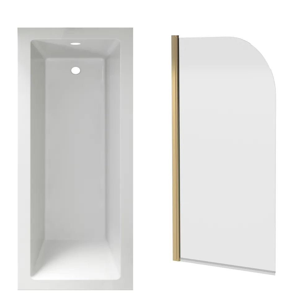 Armourcast Reinforced Straight Square Single Ended Bath & Brushed Brass Shower Screen