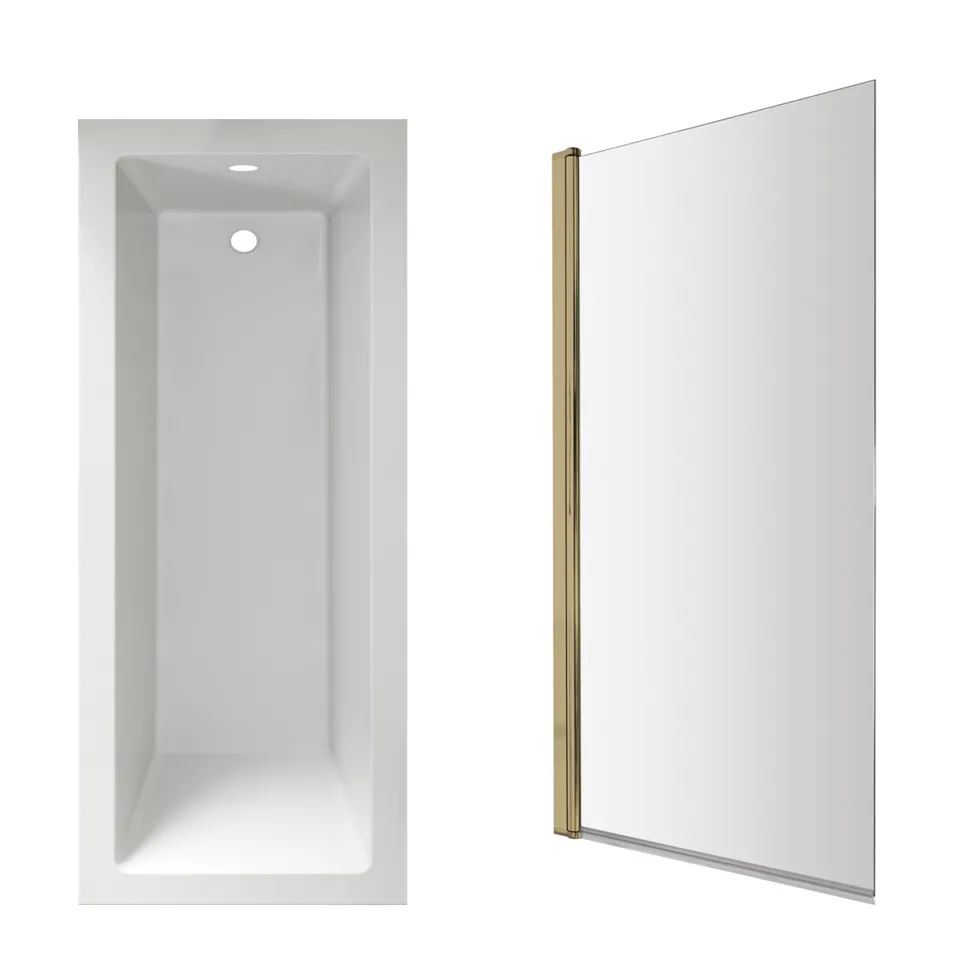 Armourcast Reinforced Straight Square Single Ended Bath & Brushed Brass Shower Screen