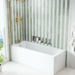 Armourcast Reinforced Straight Square Single Ended Bath & Brushed Brass Shower Screen