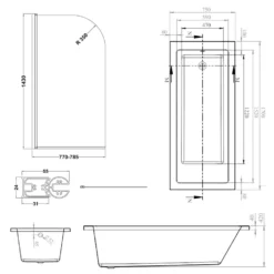 Armourcast Reinforced Straight Square Single Ended Bath & Matt Black Shower Screen