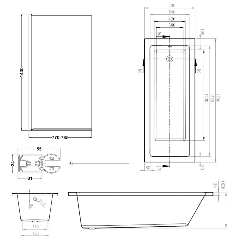 Armourcast Reinforced Straight Square Single Ended Bath & Matt Black Shower Screen