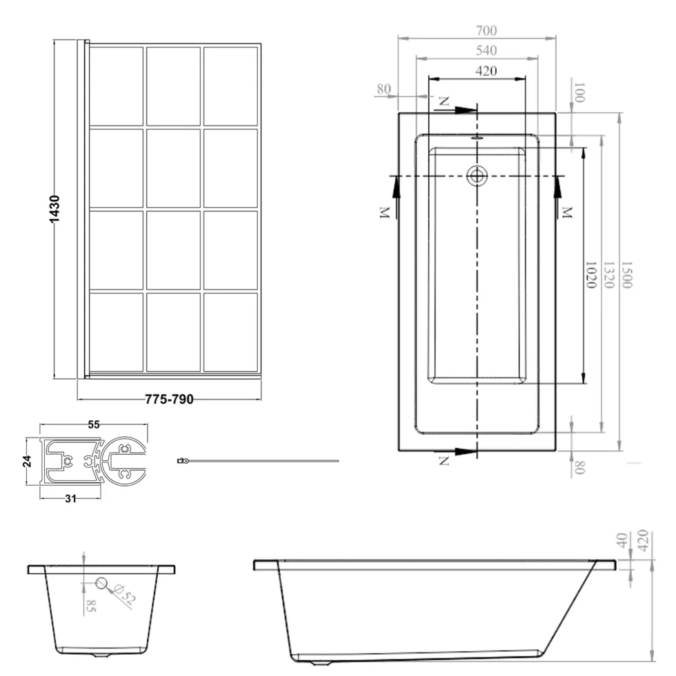 Armourcast Reinforced Straight Square Single Ended Bath & Matt Black Shower Screen
