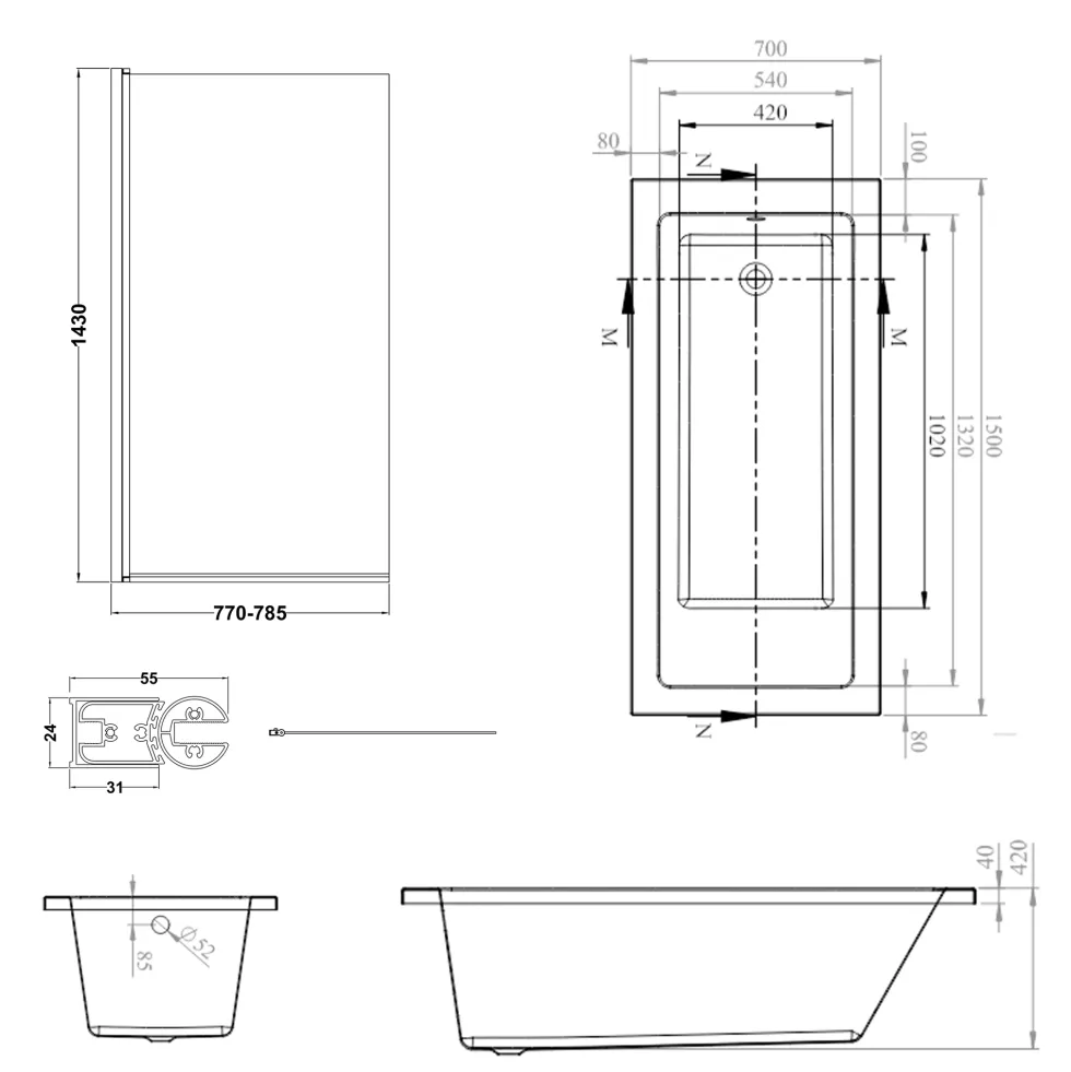 Armourcast Reinforced Straight Square Single Ended Bath with Shower Screen