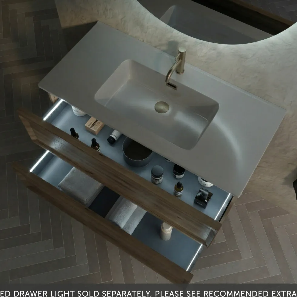 Aura 1000mm Wall Mounted Natural Oak Vanity Unit & Matt White Basin