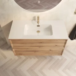 Aura 1000mm Wall Mounted Natural Oak Vanity Unit & Matt White Basin