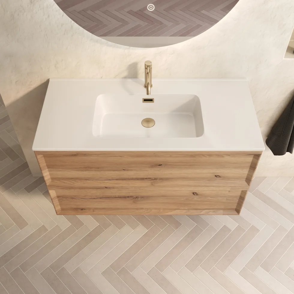Aura 1000mm Wall Mounted Natural Oak Vanity Unit & Matt White Basin