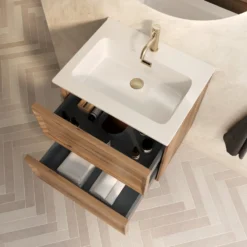 Aura 600mm Wall Mounted Natural Oak Vanity Unit & Matt White Basin