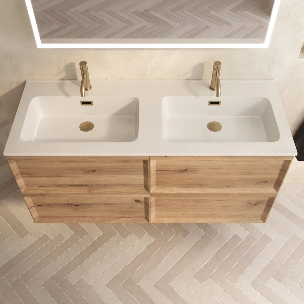 Aura 1200mm Wall Mounted Natural Oak Vanity Unit & Matt White Double Basin