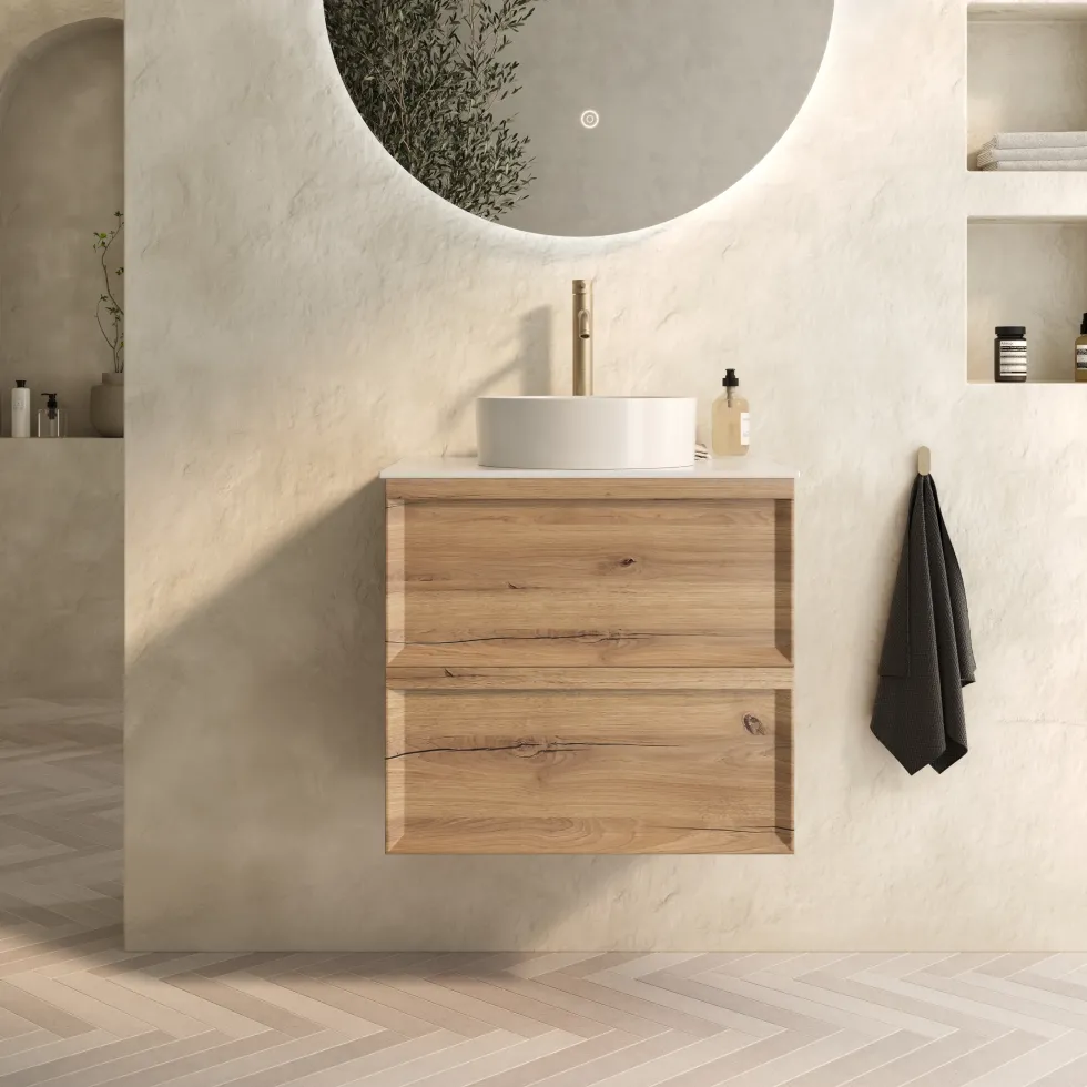 Aura 600mm Wall Mounted Natural Oak Vanity Unit & Sintered Stone Countertop