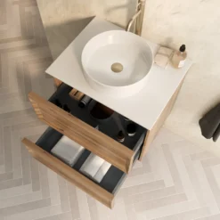 Aura 600mm Wall Mounted Natural Oak Vanity Unit & Sintered Stone Countertop