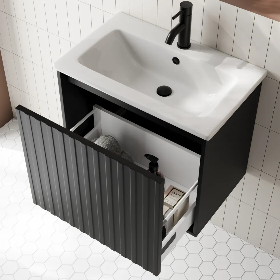 Billy 600mm Wall Hung Vanity Unit with Fluted Drawer Front & Basin