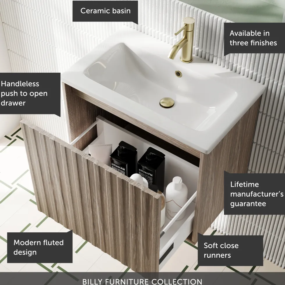 Billy 600mm Wall Hung Vanity Unit with Fluted Drawer Front & Basin