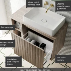 Billy 800mm Wall Hung Vanity Unit with Fluted Drawer Front & Countertop