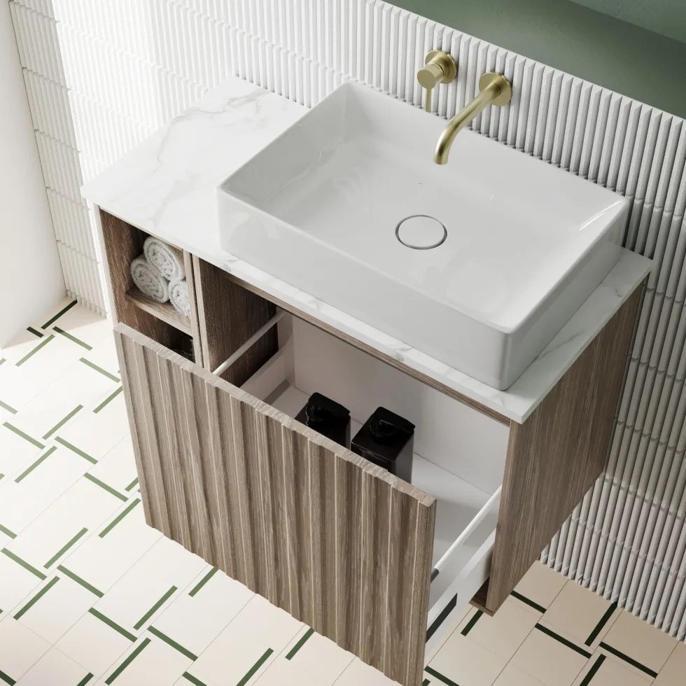 Billy 800mm Wall Hung Vanity Unit with Fluted Drawer Front & Marble Sintered Stone Worktop